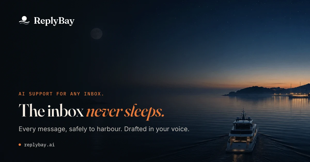 ReplyBay: "The inbox never sleeps", a yacht heading into a calm harbour at dusk